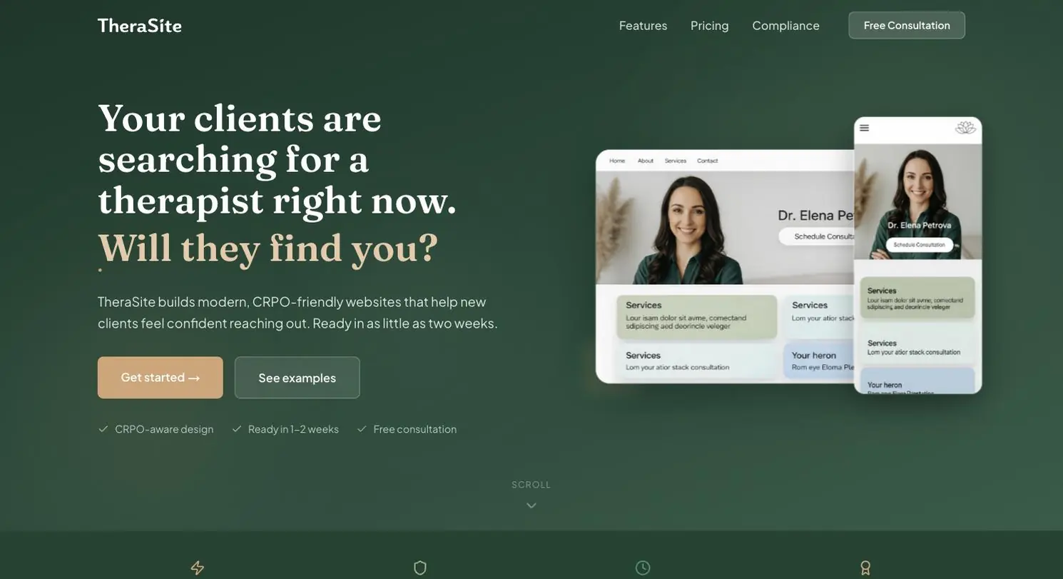 TheraSite marketing site: a hero reading 'Your clients are searching for a therapist right now' over a device mockup of a therapist's site
